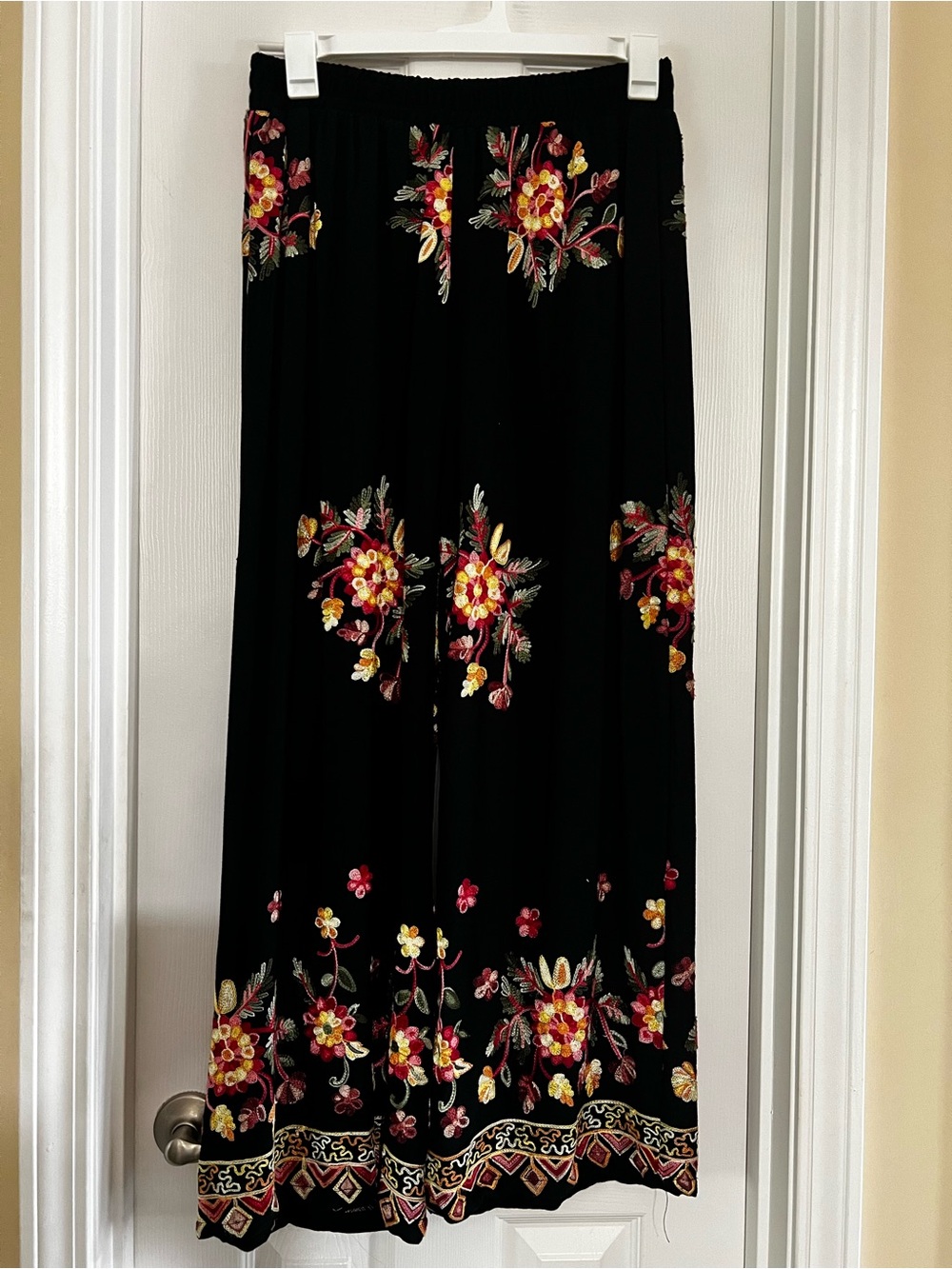 Black, Multi-Color Embroidered Floral Wide-Leg Boho Pull-on Pants.